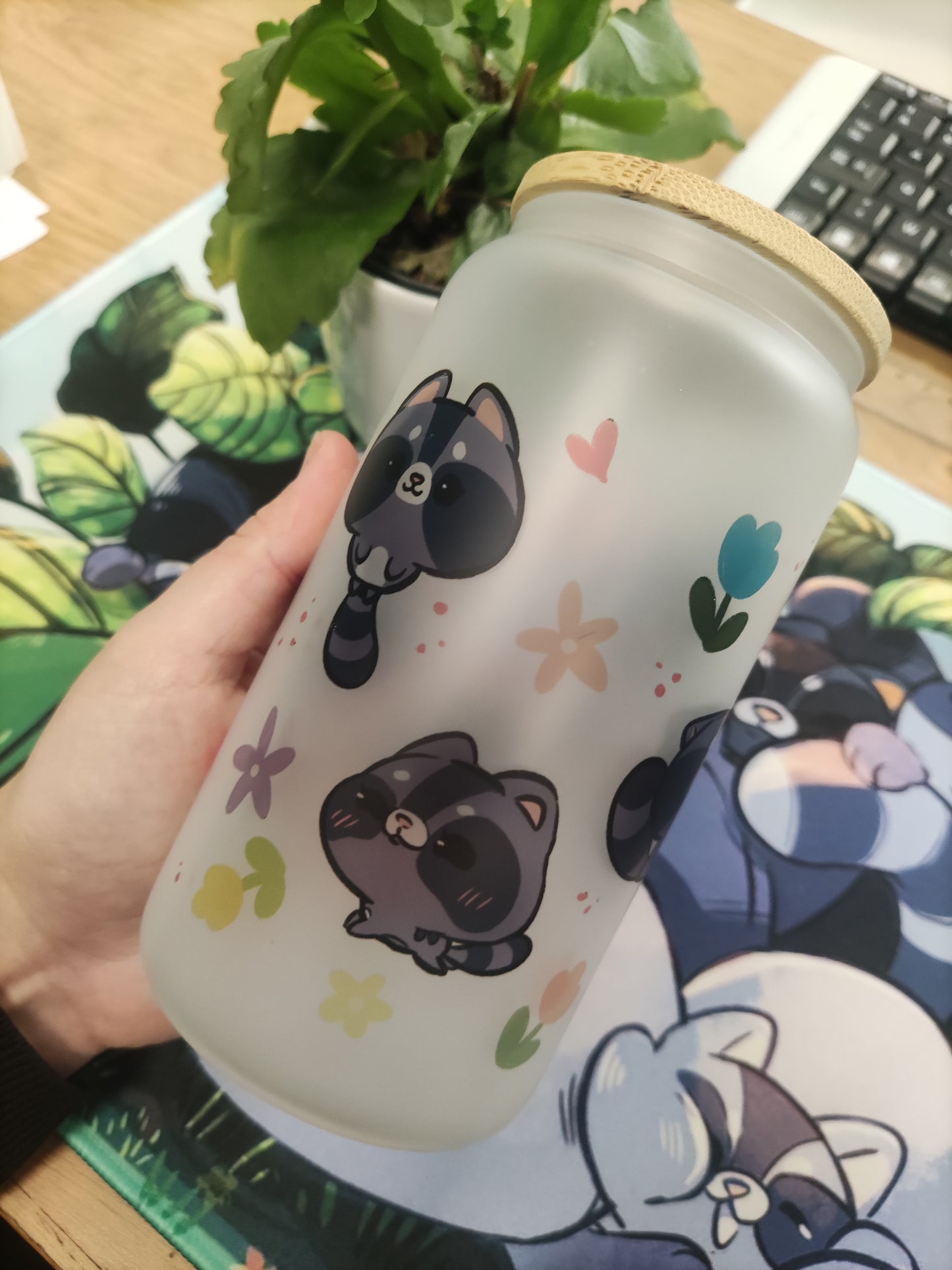 Tumbler/ Tasse en verre mignonne Nugget  le raton laveur kawaii