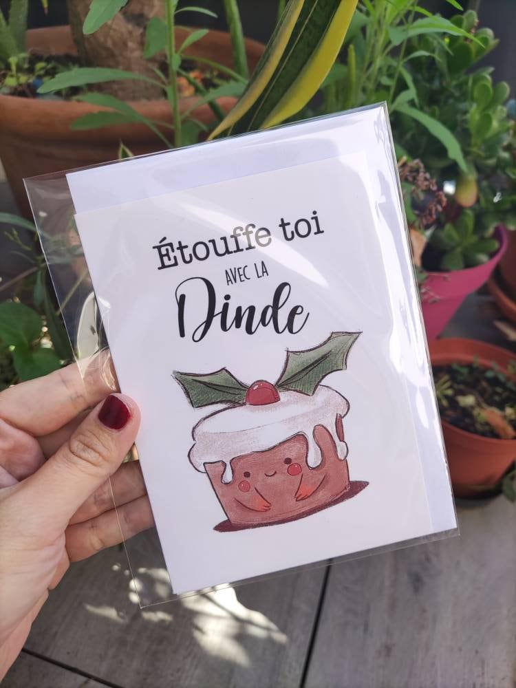 carte de voeux "étouffe toi avec la dinde " idée cadeau Noël