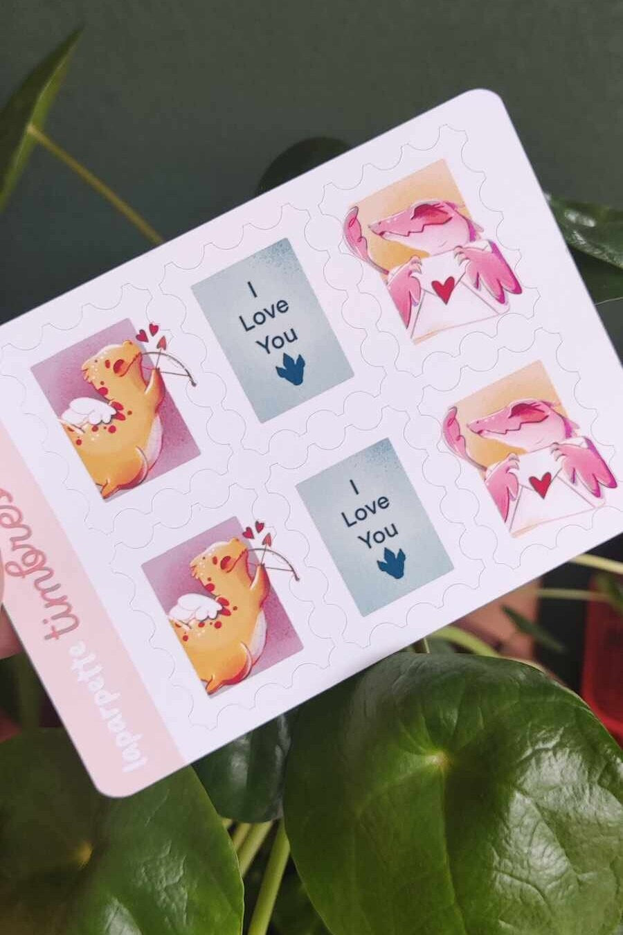 Sticker faux timbres / sticker mignon/ decoration de planner / idee cadeau st valentin / dinosaures amoureux